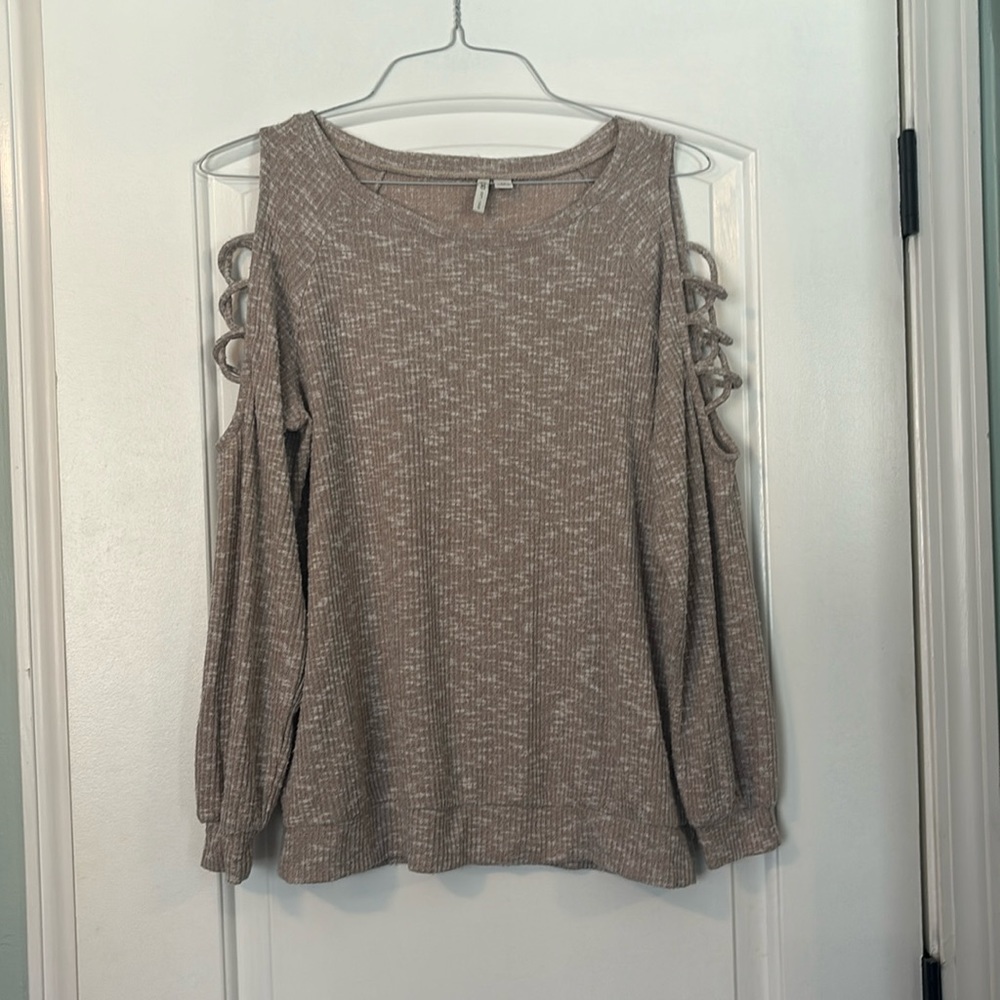 Neutral open shoulder sweater